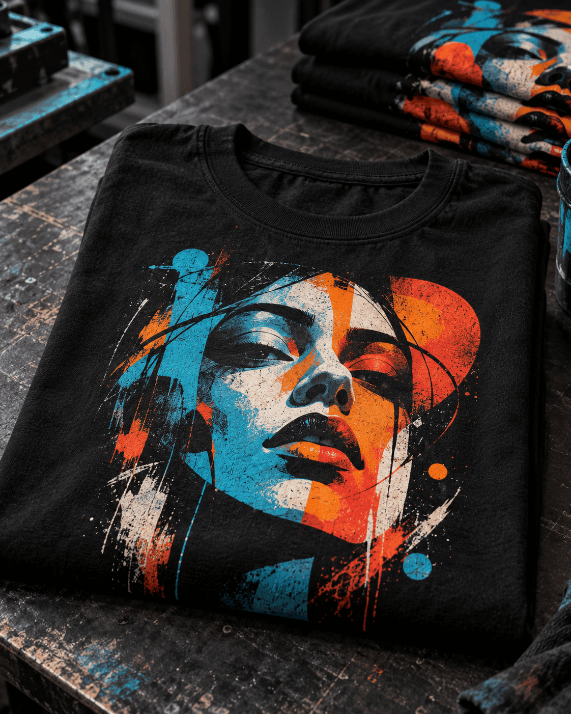 Folded tee on press beside ink buckets